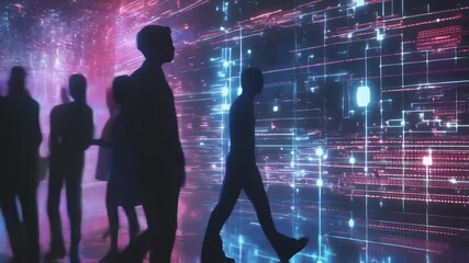 Silhouetted businesspeople are exploring a virtual reality environment showcasing innovative manufacturing processes, visualized by complex data streams and holographic projections - Powered by Adobe