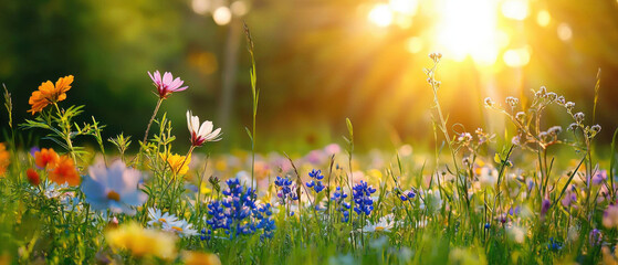 Fototapeta premium Sunlit meadow filled with diverse wildflowers, creating vibrant scene
