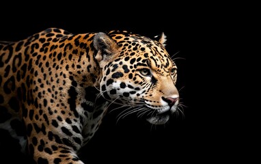Fototapeta premium Close-up of a jaguar, its spotted coat highlighted against a stark black background. The big cat's intense gaze and powerful stance create a dramatic image