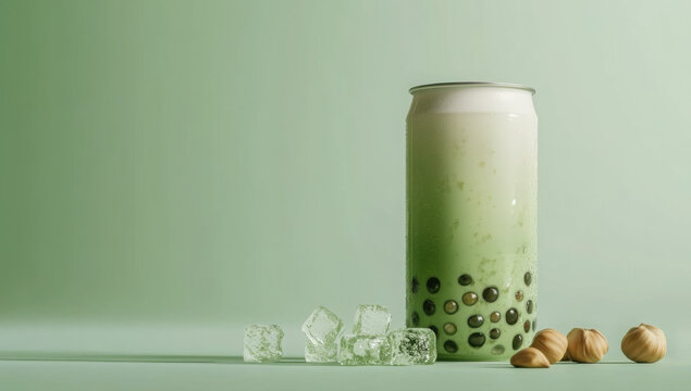 Refreshing matcha bubble tea with ice cubes and green background 
