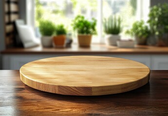 Natural Wooden Round Kitchen Board on a Table with Bright Sunlight in a Beautiful Modern Kitchen