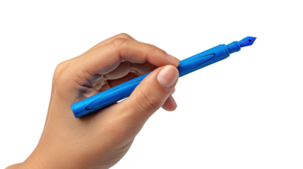 Hand holding blue pen on transparent background, ready for writing