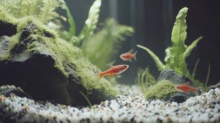 Serene freshwater aquarium scene with fishes swimming in lush aquatic environment