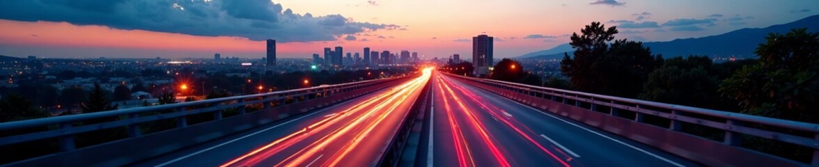 Dramatic sunset over urban skyline with light trails on a busy highway.
