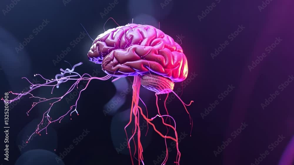 Poster digital illustration of human brain with glowing neural connections in dark background showcasing co