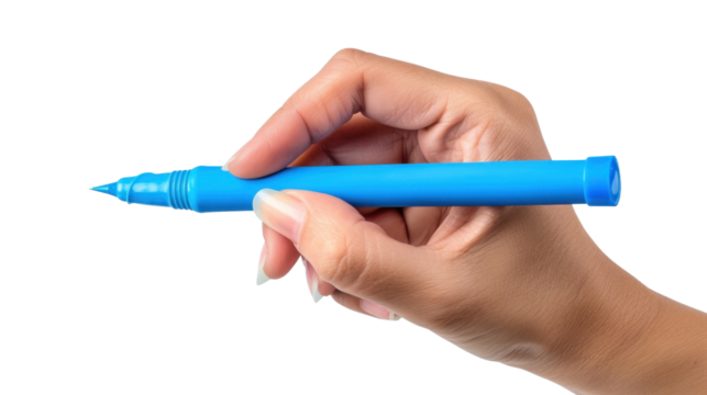 Woman hand holding blue marker pen writing on transparent background
