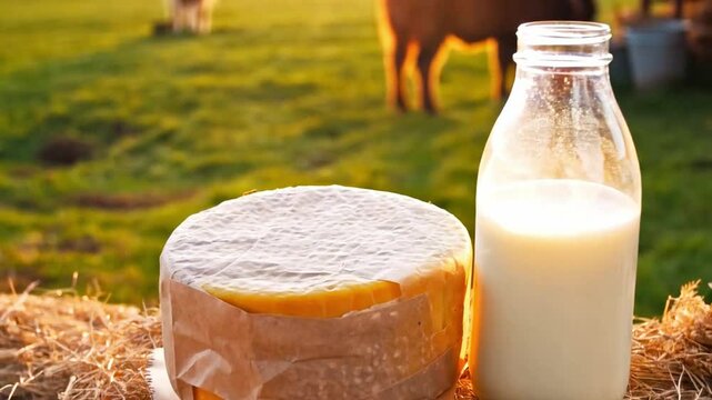 A cheese wheel sits next to a glass bottle of creamy milk, both highlighted by the warm sunlight. The lush green pasture and grazing cows in the background enhance the rural farming atmosphere.