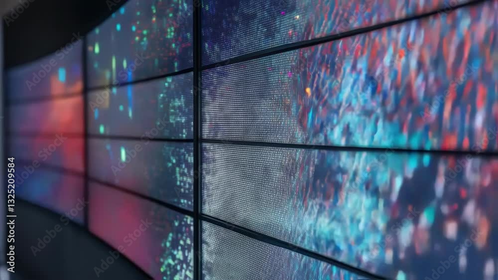 Poster curved video wall displaying colorful abstract data visualization with pixels creating complex patte