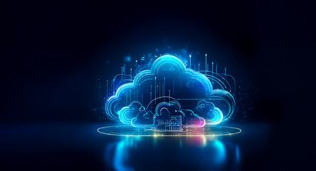 A glowing cloud with bright data streams against a dark background represents futuristic digital technology. This image evokes concepts of cloud computing, data storage, and online networks.