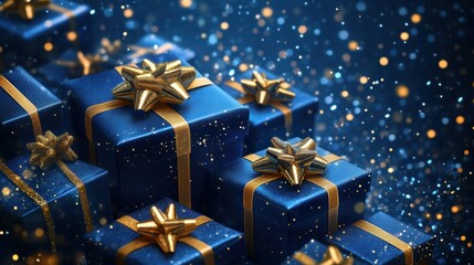 A vibrant, digital illustration showcases a cluster of blue gift boxes, adorned with golden bows and ribbons, nestled amongst sparkling blue stars against a deep blue backdrop.