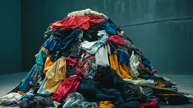 Timelapse of a growing pile of colorful clothes in an industrial setting