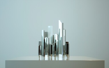Abstract cityscape model, reflective glass skyscrapers on white surface, minimalist design, soft light. Modern architecture concept
