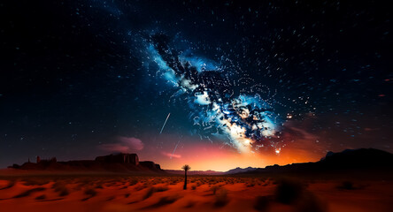 Vibrant starry night sky over desert. The Milky Way illuminates the landscape with silhouetted formations against a red horizon glow.