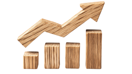 Wooden upward arrow graph showing rising trend, cut out. Isolated on a transparent background.