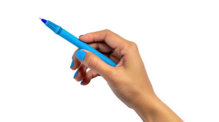 Woman hand holding blue marker pen on transparent background
