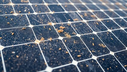 Close-up of a heavily soiled solar panel, dust obscuring the cells,  energy production,  photovoltaic cell