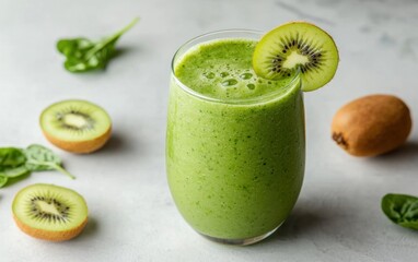 Green smoothie with kiwi and spinach in a glass on a light gray marble background