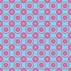 Bright pink circular floral motifs on aqua blue background. Seamless bold pattern great for summer fabrics, kids’ decor, wrapping paper, and vibrant designs.