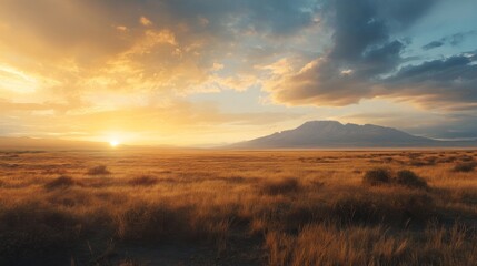 Obraz premium Golden Sunset Over Vast Grassland and Distant Mountain