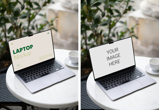 Laptop in Cafe Mockup
