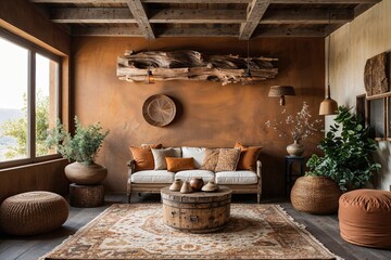 Warm Earthy Tones with Rustic Wood Overhead Arrangement