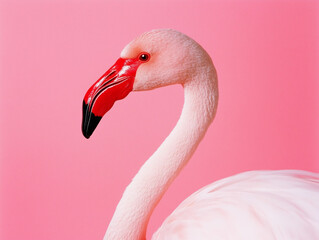 Fototapeta premium Close-up of a pink flamingo on a pastel pink background