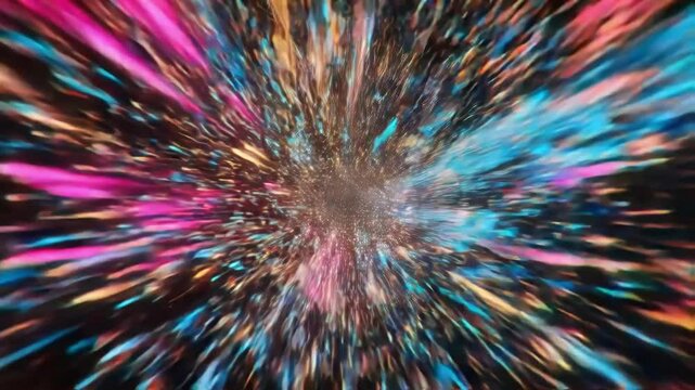 Colorful particles exploding from the center against a black background create a dynamic motion blur effect, conveying speed, energy, and innovation for futuristic projects