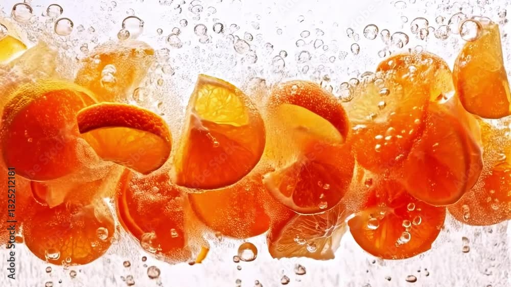 Aufkleber bright orange slices float in sparkling water, creating an enticing visual of bubbles and freshness.