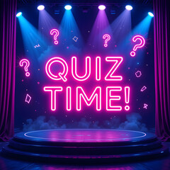 Neon Quiz Time Stage with Question Marks.A vibrant, digitally rendered stage scene announces "QUIZ TIME!" in bright pink neon lettering.
