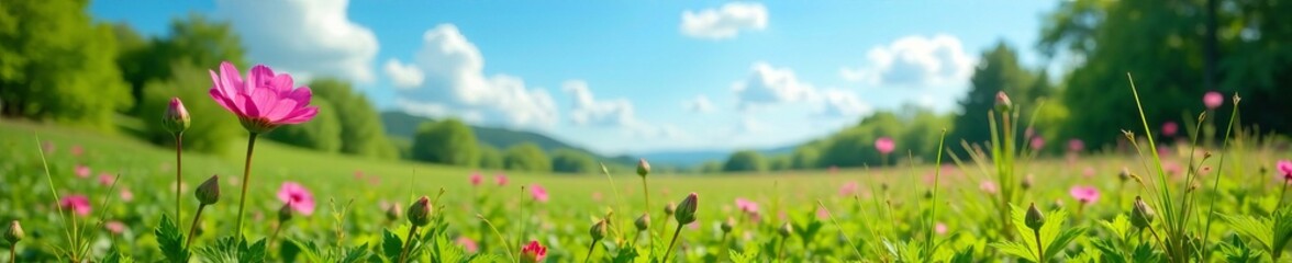 Fototapeta premium Vibrant field of colorful flowers under a bright blue sky, perfect for nature lovers.