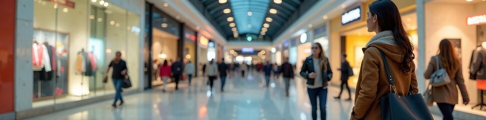 A bustling shopping mall filled with various shoppers exploring retail stores.