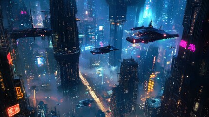 Fototapeta premium Futuristic Cityscape at Night with Flying Vehicles