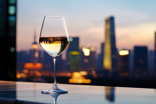  Elegant wine tasting experience with Chinese skyline backdrop at sunset, highlighting modern winery sophistication