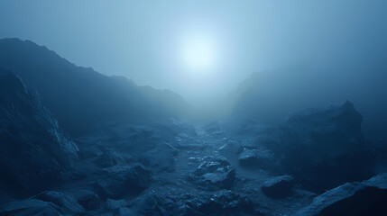 A vast, shadowy rock-strewn expanse enveloped in mist, with an eerie yet calming luminescence casting an otherworldly aura over the landscape. Serene Luminescence. Illustration