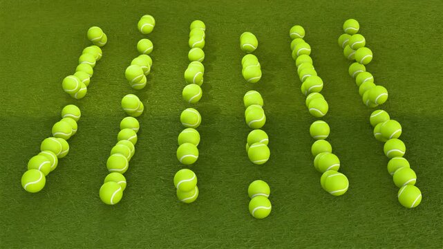 Bouncing so many tennis balls loop animation on the traditional lawn tennis surface court or grass court created by procedural geometric 3D sports concept art with physics simulation.