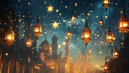 Obraz premium Magical Night Sky with Glowing Lanterns and Stars Above Cityscape