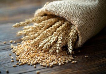 Wheat Kernels and Stalks in a Rustic Jute Sack on a Wooden Table Background with Natural Lighting