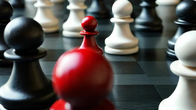 Strategic chess battle: red pawn's journey amidst black and white pieces on board