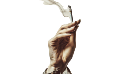 Woman hand holding lit cigarette with transparent background