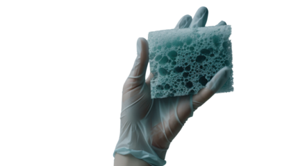 Hand wearing glove holding cleaning sponge on transparent background