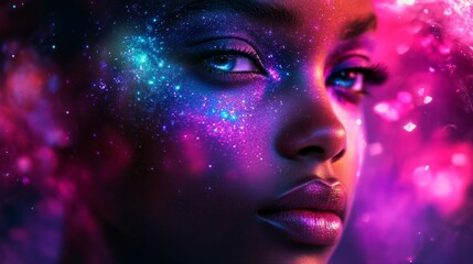 Cosmic Beauty: Portrait with Galaxy Skin and Neon Lights 