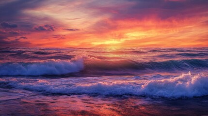 Fototapeta premium Vibrant Sunset Over Ocean Waves