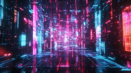 Pink And Blue Neon Glowing Digital City Tunnel