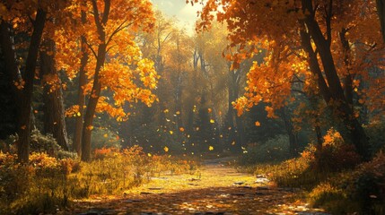 Autumn Forest Path with Golden Sunlight and Falling Leaves