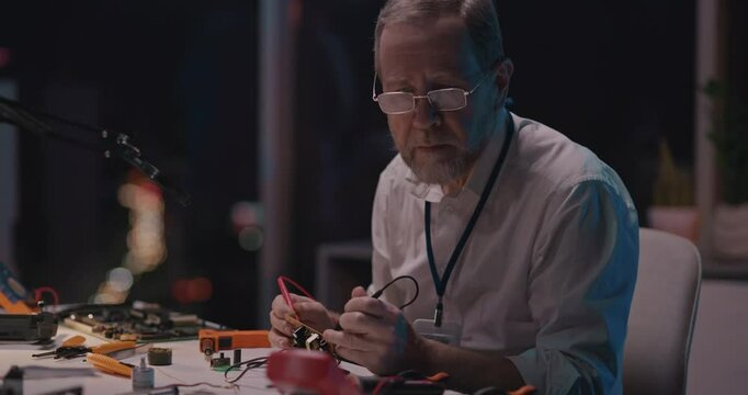 Bearded adult engineer in lab white coat sitting by desk soldering iron circuit board fixing drone device. Technical repair, research office. Engineering.
