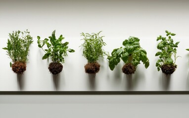 Six small potted herbs arranged in a row against a white background. The herbs are various shades of green and appear healthy and well-maintained. The image has a minimalist aesthetic