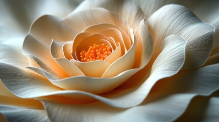 Close-up of a delicately crafted, pale cream artificial rose, showcasing intricate petal details and a vibrant orange center.