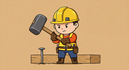 Cartoon Construction Worker Hammering Nails
