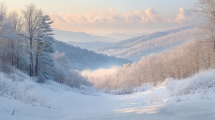 Winter landscape features snow covered trees and distant mountain ranges