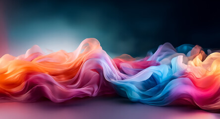 Obraz premium Abstract waves of vibrant colors blend seamlessly against a dark backdrop, creating a soft, dreamy texture. Orange, pink, purple, and blue hues flow smoothly.